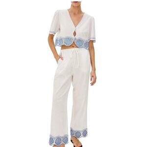 RAILS Venice Cropped Top White  Blue Shells 100% Linen Size Large